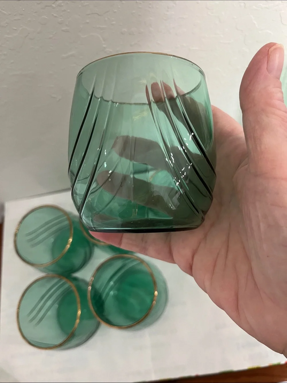 Libbey Juniper VTG Green Glass Tumblers with Gold Rim - Set of 6 MCM